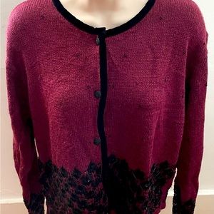 Vintage Curio maroon black boho floral embroidered beaded cardigan, size S